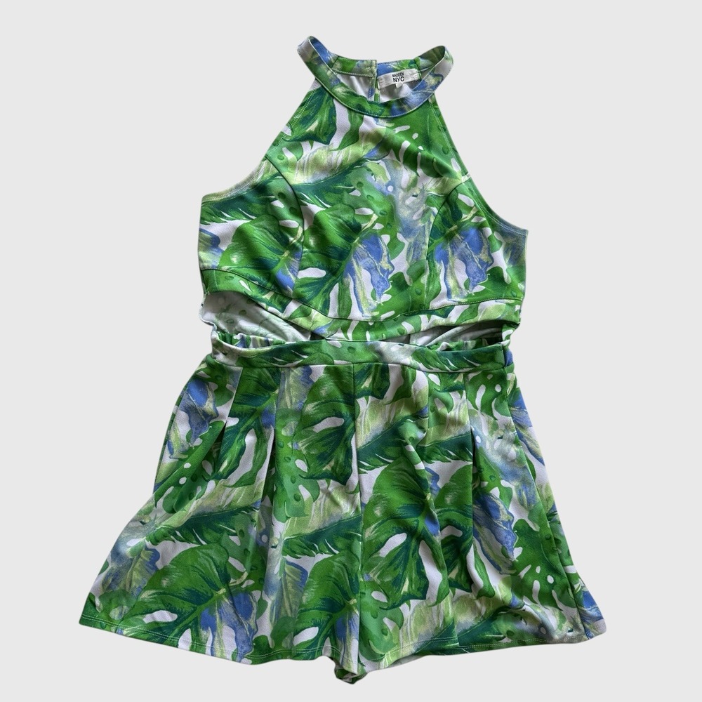 Madden NYC Womens XL Tropical Monstera Leaf Halter Cutout Romper Green Blue